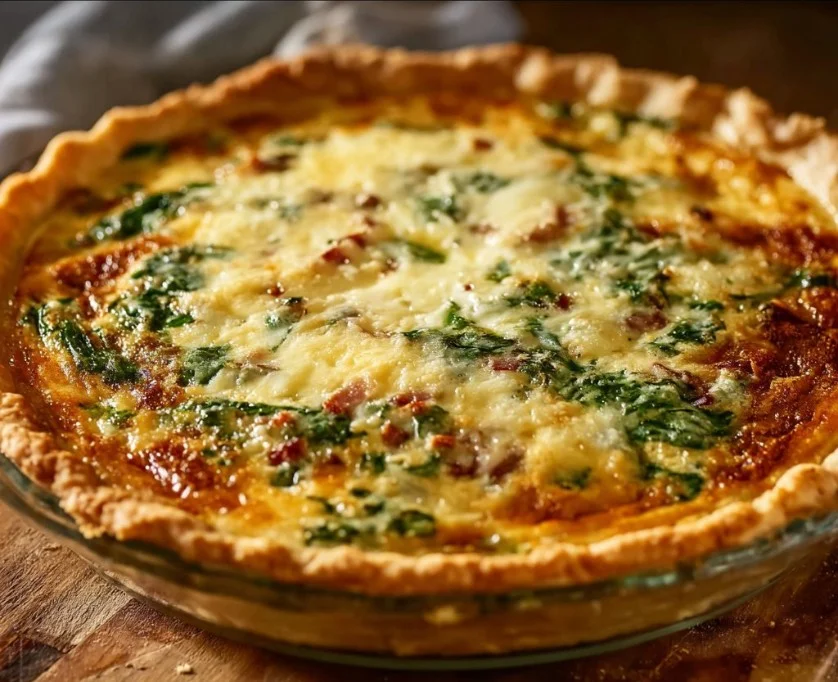 Slice of easy bacon spinach quiche on a plate with fresh herbs garnish