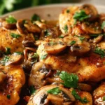 Plate of easy Chicken Marsala with mushrooms and garnishes