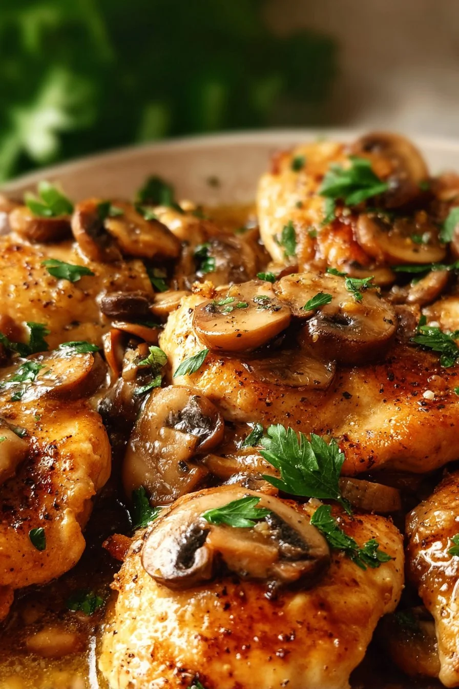 Plate of easy Chicken Marsala with mushrooms and garnishes