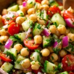 Colorful easy chickpea salad with vegetables and dressing.