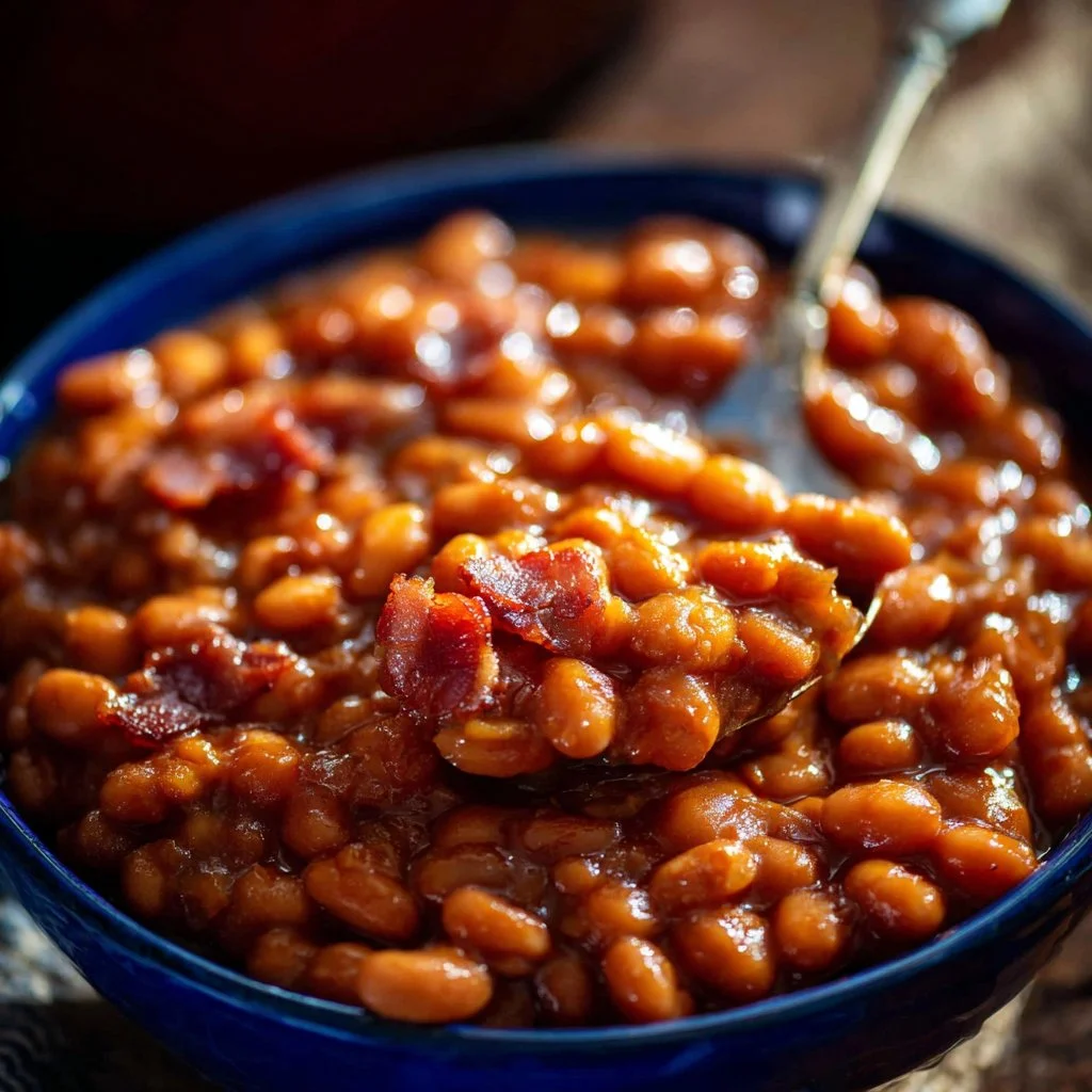 Easy Crock Pot Baked Beans 3 Easy crock pot baked beans in a serving dish garnished with herbs