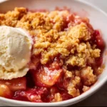 Easy rhubarb crisp with crunchy oat topping in a baking dish.