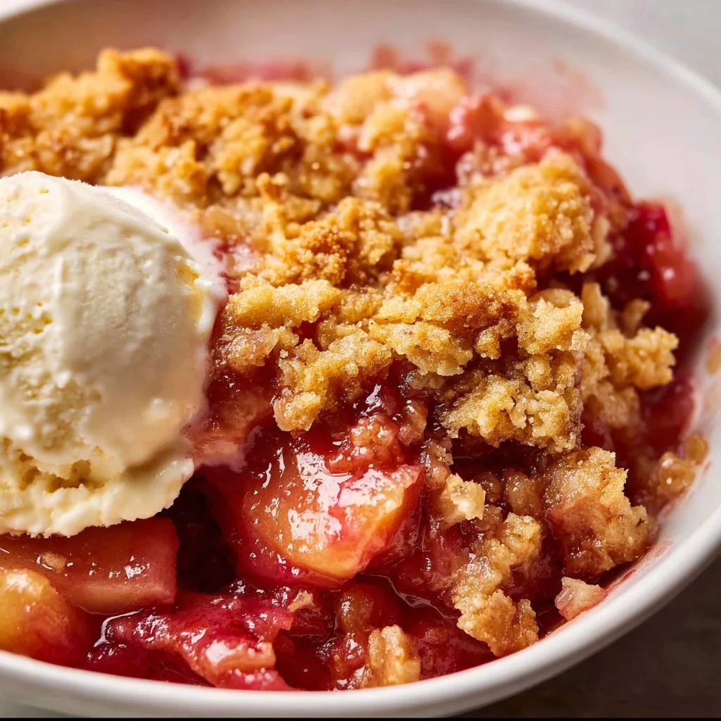 Easy rhubarb crisp with crunchy oat topping in a baking dish.