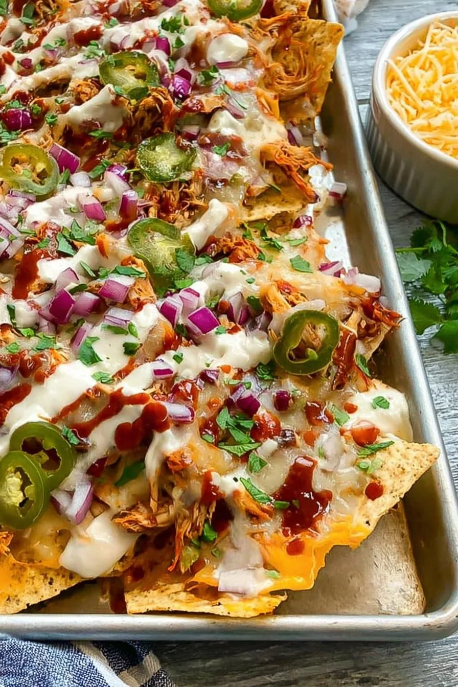 Delicious sheet pan BBQ chicken nachos topped with cheese and jalapeños
