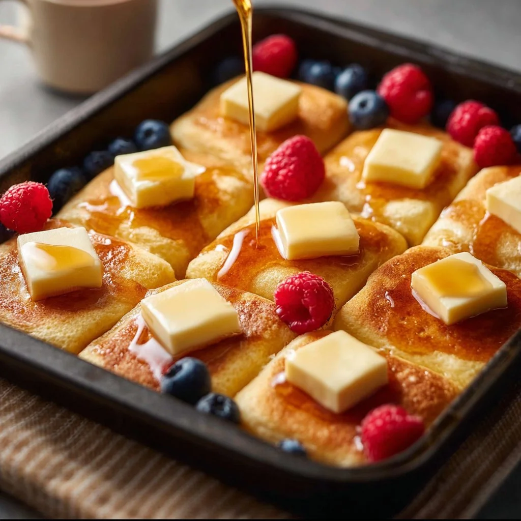 Delicious easy sheet pan pancakes served with syrup and berries