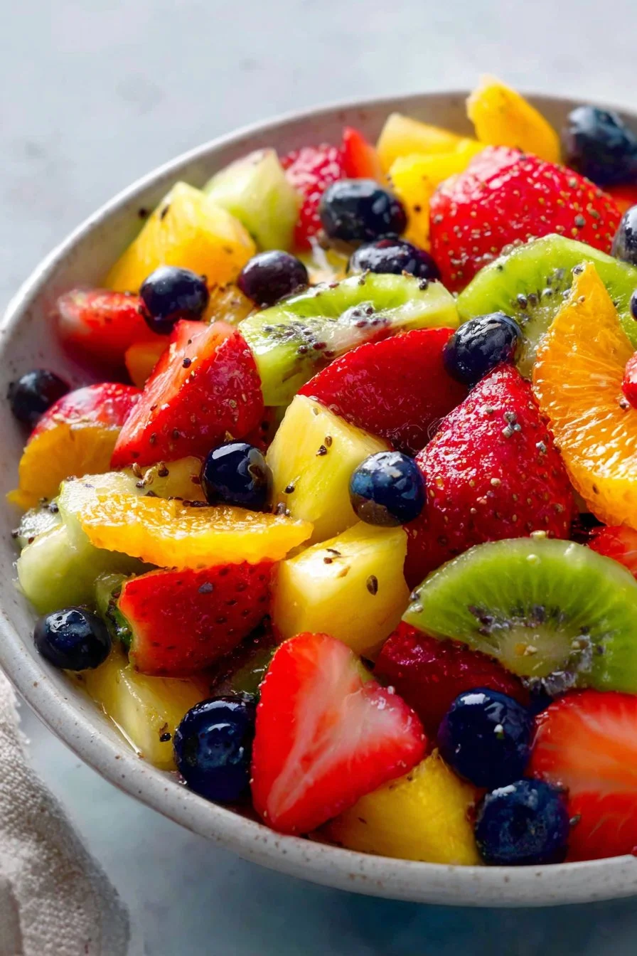 Fresh fruit salad with honey lime poppy seed dressing in a colorful bowl