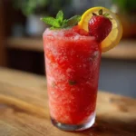 Delicious frozen strawberry lemonade in a glass with fresh strawberries and lemon slices