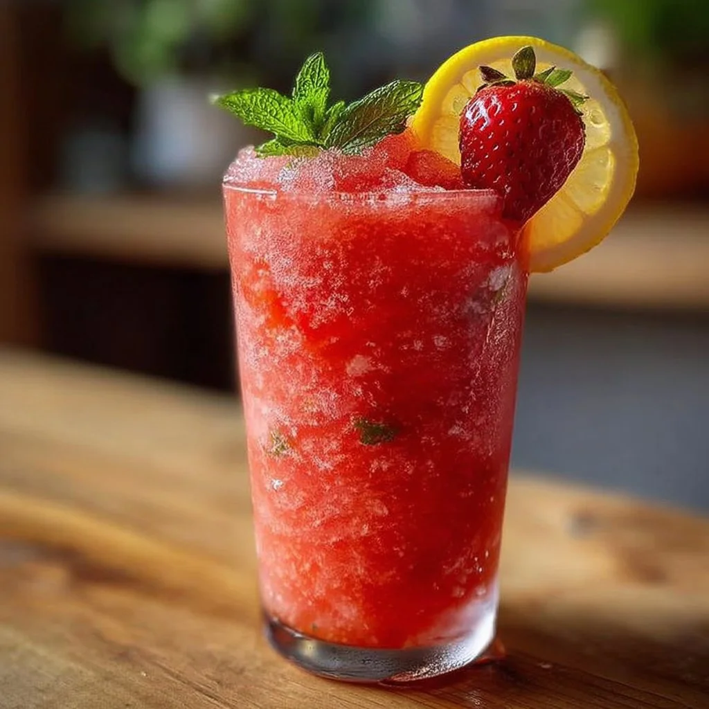 Delicious frozen strawberry lemonade in a glass with fresh strawberries and lemon slices