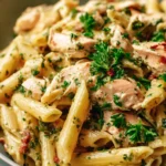 Garlic Herb Rotisserie Chicken Pasta served with fresh herbs and cheese