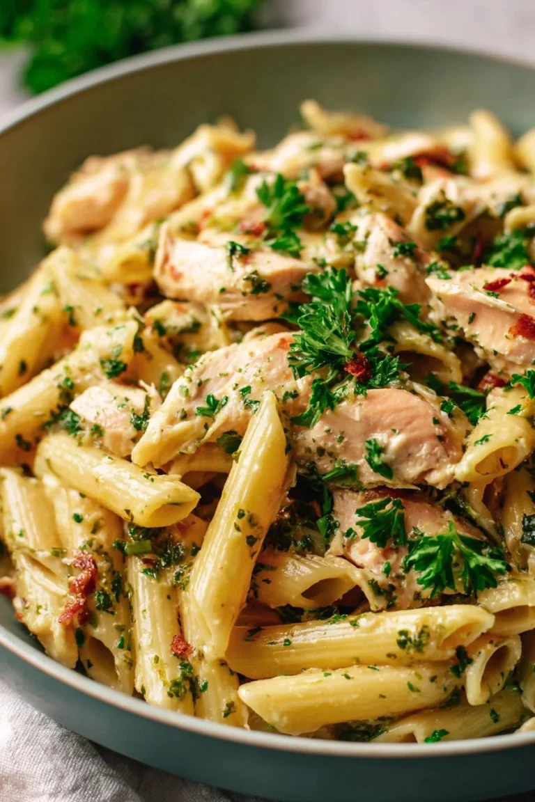 Home 5 Garlic Herb Rotisserie Chicken Pasta served with fresh herbs and cheese