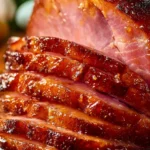 Delicious glazed ham garnished with herbs and fruits for a festive meal.