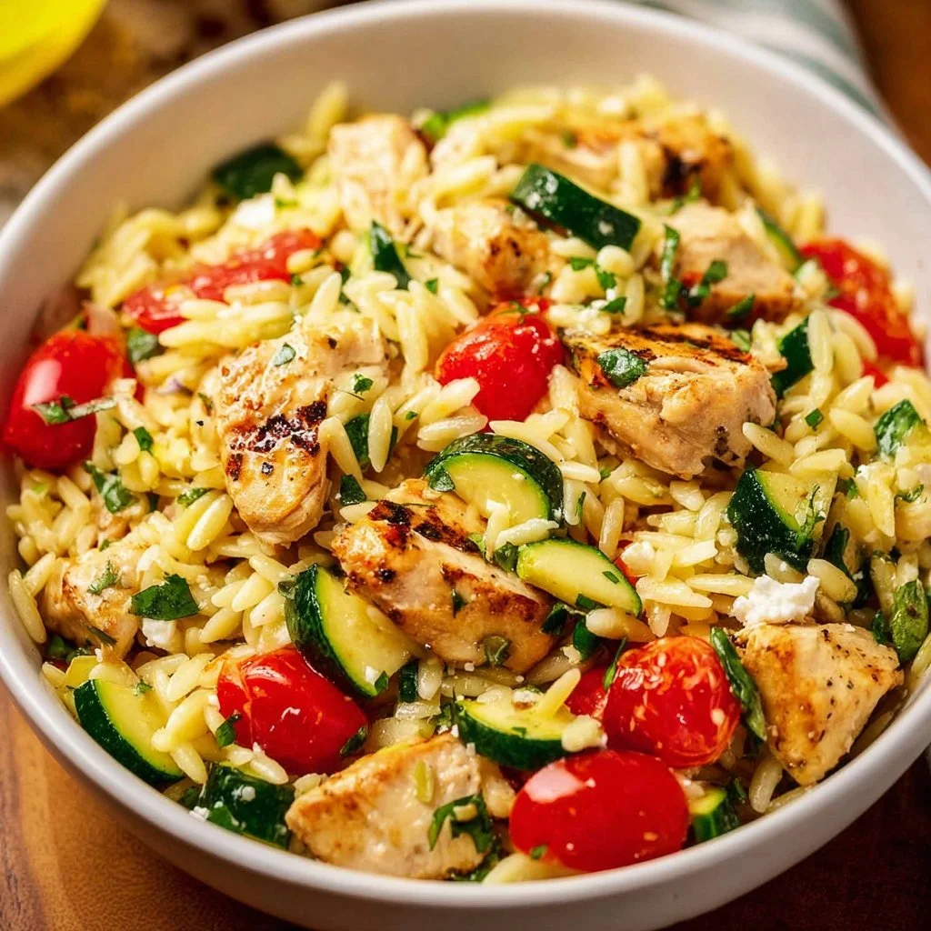 Greek Lemon Chicken and Orzo 3 Plate of Greek Lemon Chicken served with orzo and fresh herbs