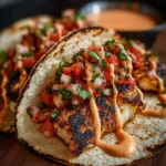 Grilled fish tacos with spicy mayo and pico de gallo on a serving plate