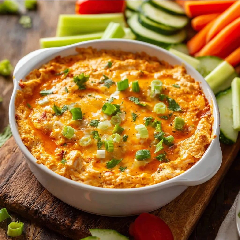 A bowl of healthy Buffalo Chicken Dip garnished with celery sticks.
