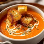 Bowl of homemade tomato basil soup garnished with fresh basil leaves