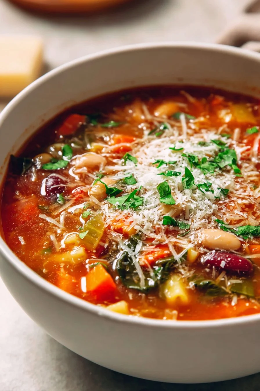 Delicious Italian minestrone soup filled with vegetables and pasta