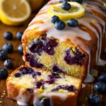 Lemon Blueberry Yogurt Loaf with slices displayed on a wooden board