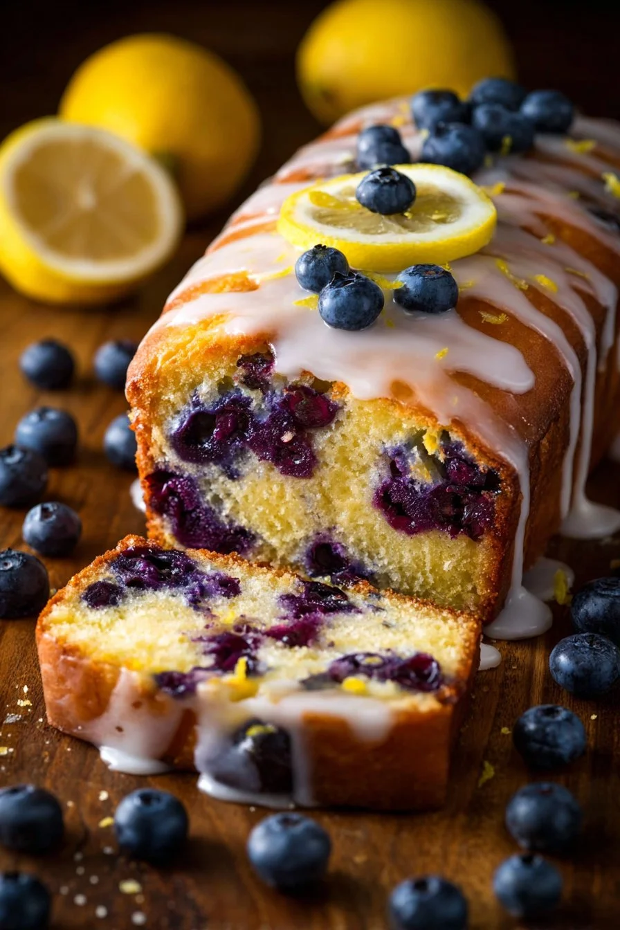 Lemon Blueberry Yogurt Loaf with slices displayed on a wooden board