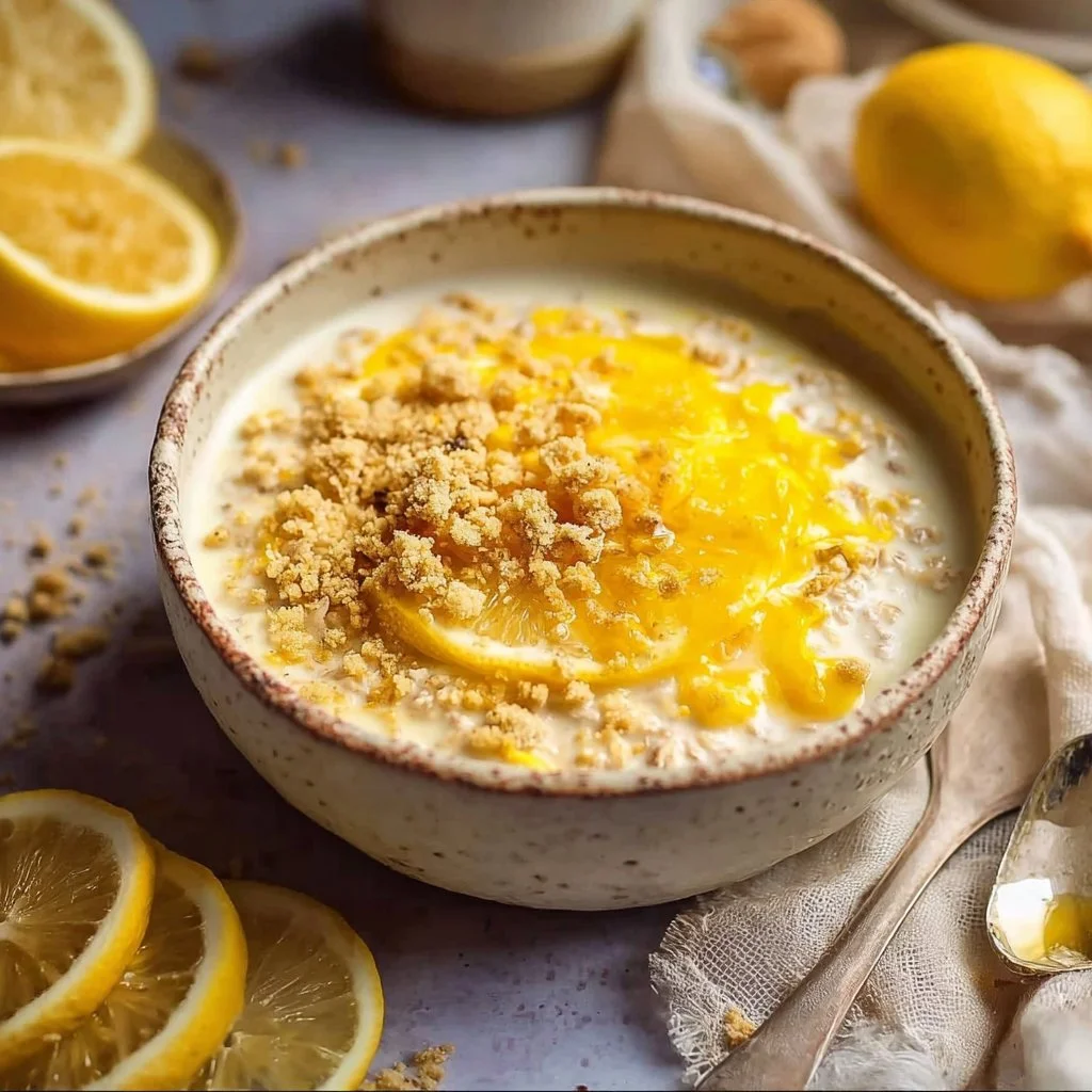 Delicious Lemon Cheesecake Overnight Oats topped with fresh fruit.