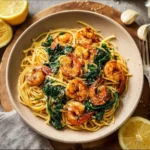 Lemon garlic shrimp pasta with spinach served in a white bowl