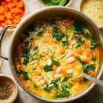 A bowl of Lemon White Bean Soup with spinach garnished with lemon slices.