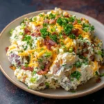 Delicious loaded baked potato salad with toppings like cheese, bacon, and green onions
