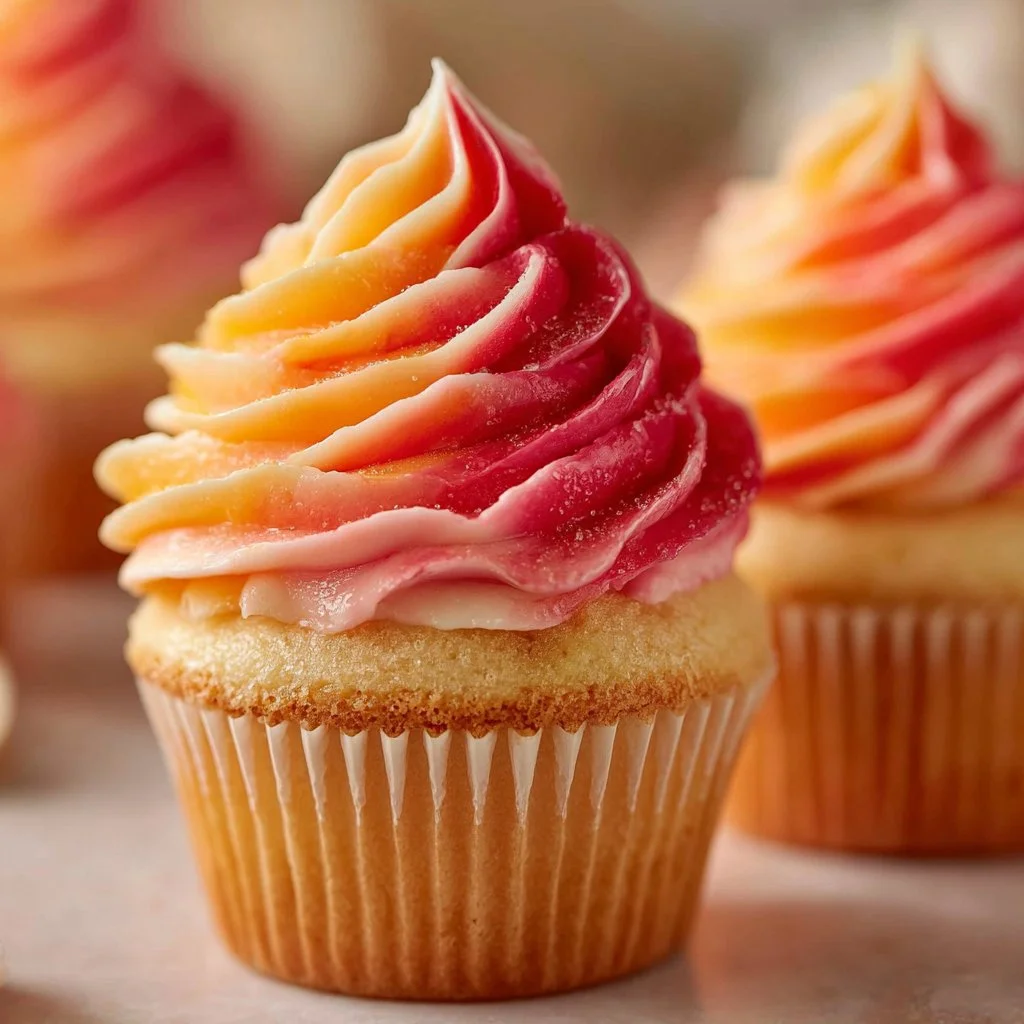 Mango Strawberry Sunset Cupcakes topped with fresh fruit