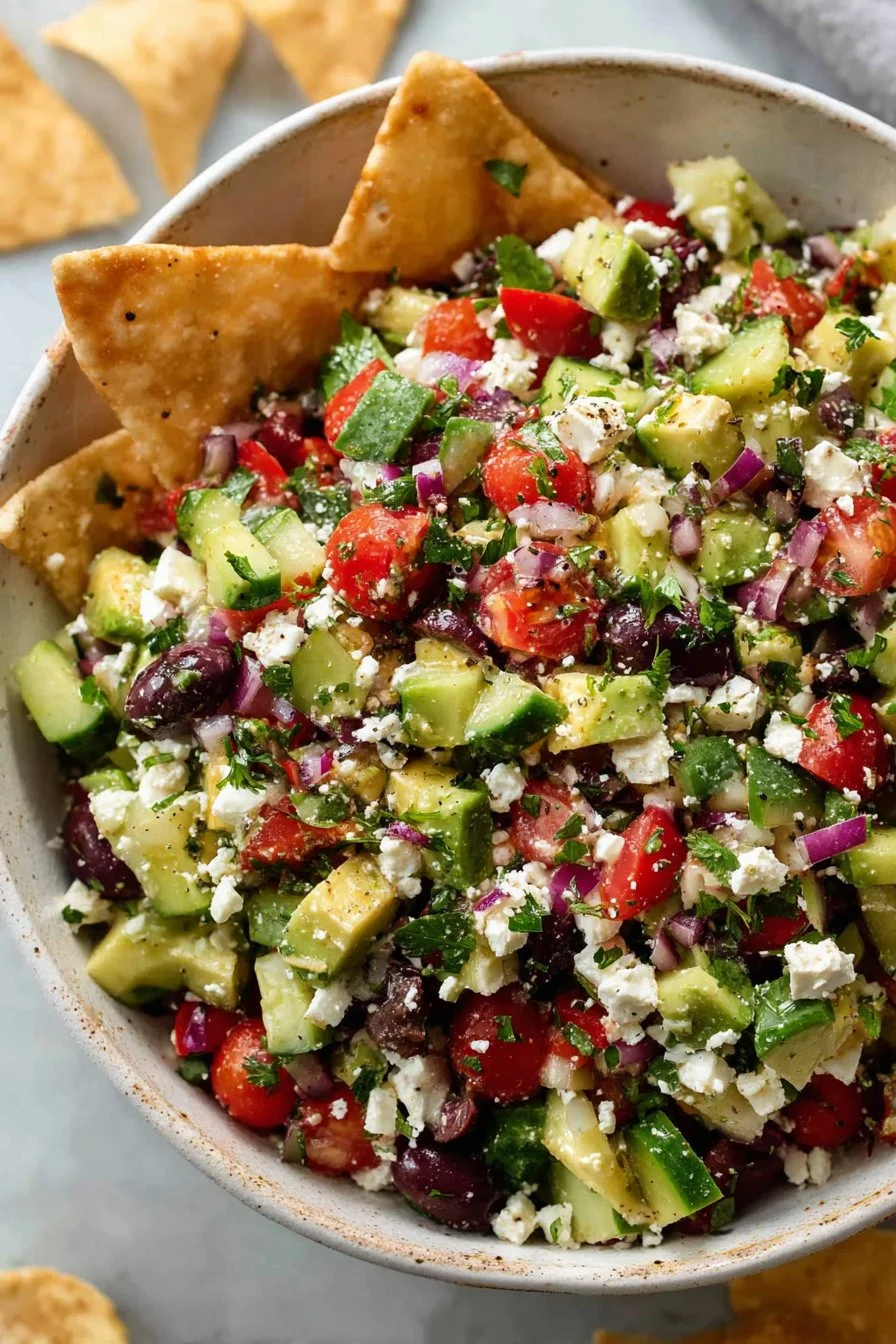 Fresh Mediterranean Salsa made with tomatoes, olives, and herbs served in a bowl.