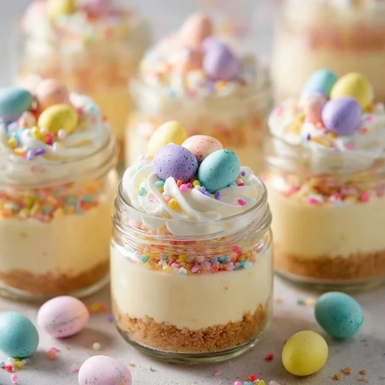 Home 4 Mini Easter cheesecake jars with colorful toppings and festive decorations