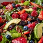 A vibrant Mixed Green Salad with fresh berries, showcasing a healthy meal option.