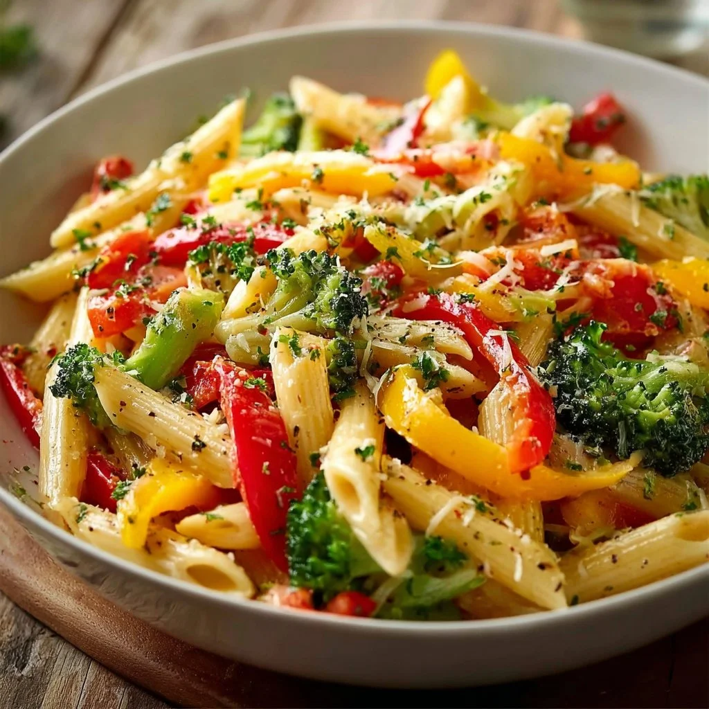 Colorful Pasta Primavera with fresh vegetables and herbs