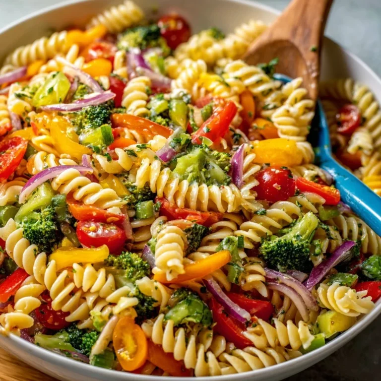 Colorful bowl of pasta salad with vegetables and dressing
