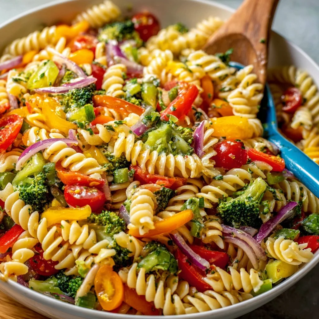Colorful bowl of pasta salad with vegetables and dressing