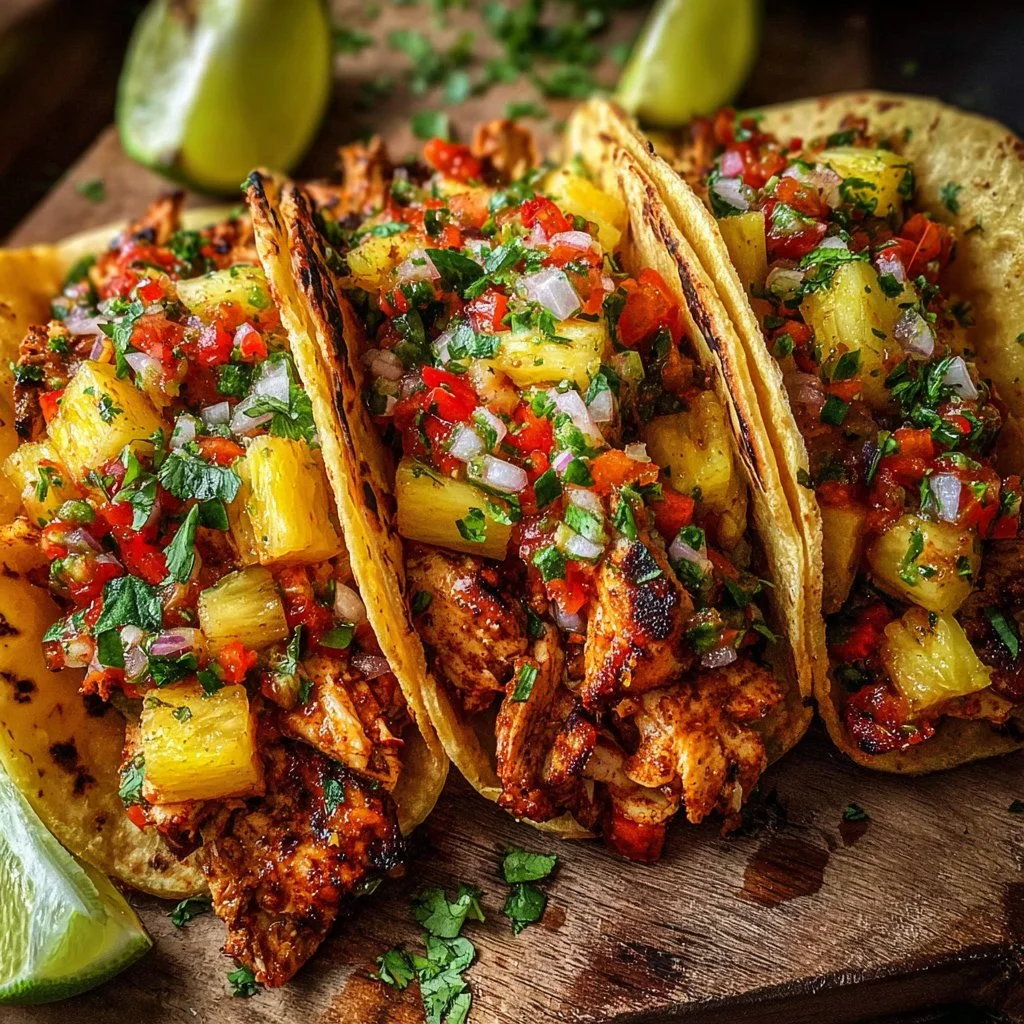Pineapple Chicken Tacos 3 Delicious Pineapple Chicken Tacos served on a plate with fresh toppings