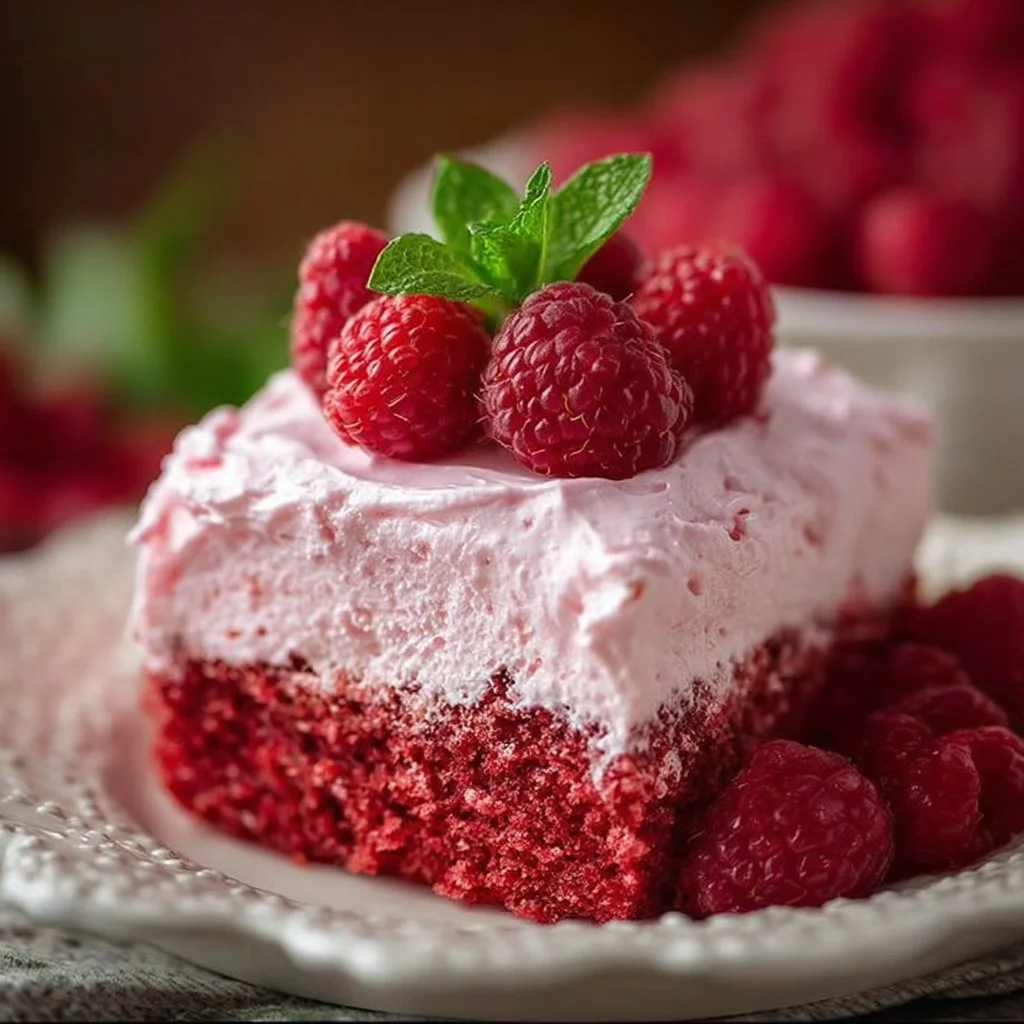 Slice of Raspberry Fluff Cake topped with fresh raspberries and whipped cream