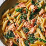 Salmon pasta dish with sun-dried tomato cream sauce and fresh spinach