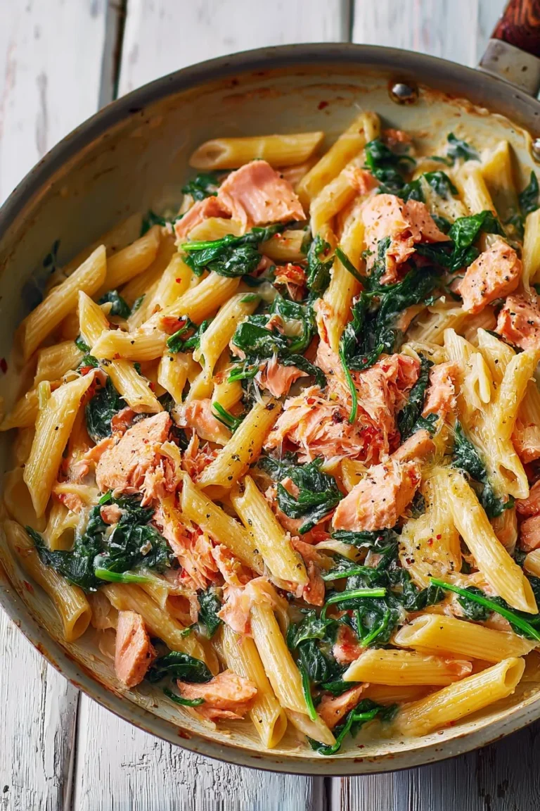 Home 6 Salmon pasta dish with sun-dried tomato cream sauce and fresh spinach