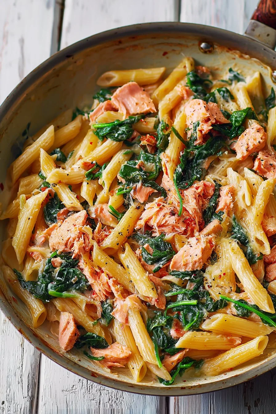 Salmon pasta dish with sun-dried tomato cream sauce and fresh spinach