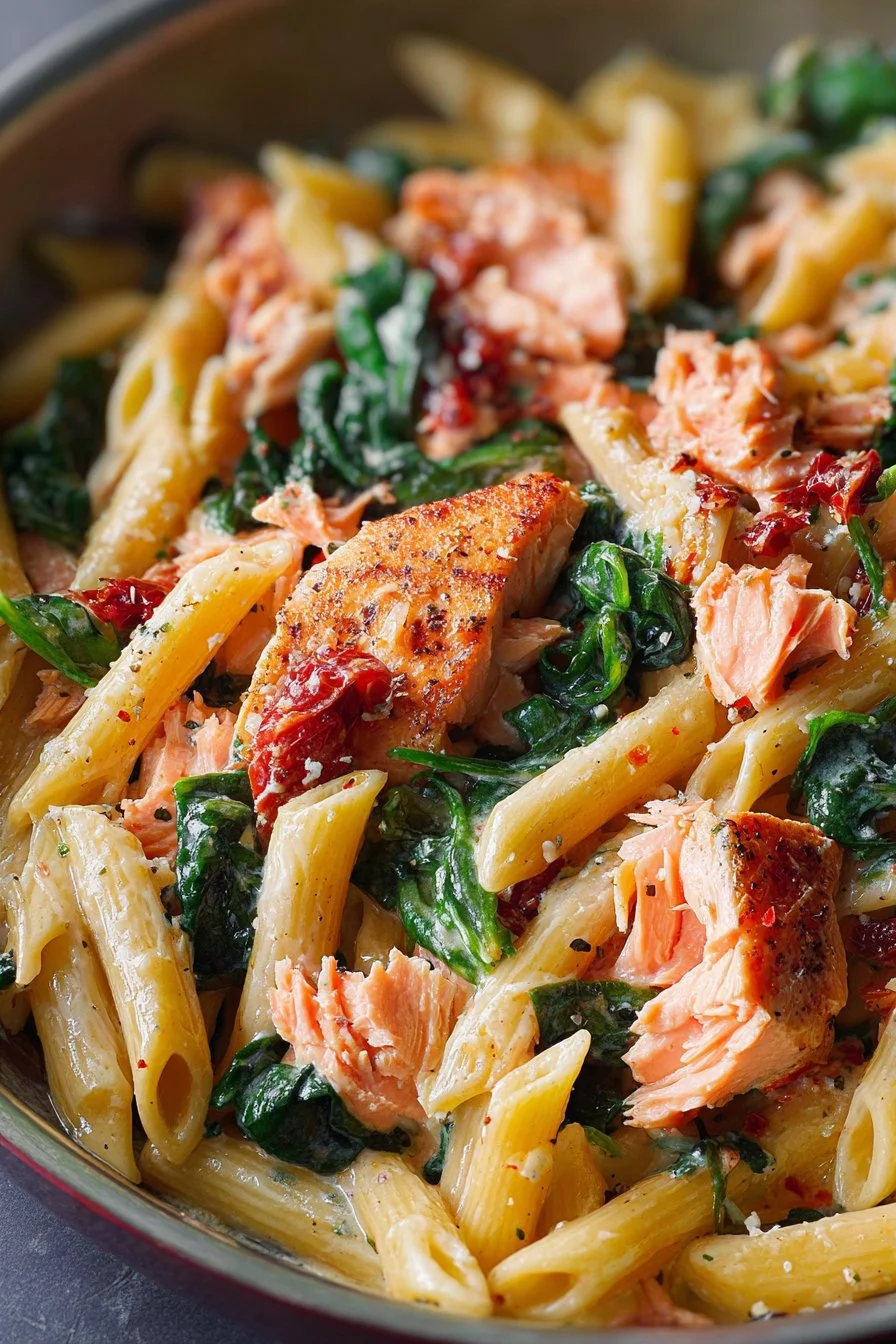 Salmon Pasta with Sun-Dried Tomato Cream Sauce and Spinach