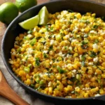Skillet Mexican street corn topped with cheese and spices in a skillet