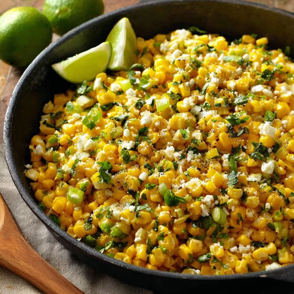 Skillet Mexican street corn topped with cheese and spices in a skillet
