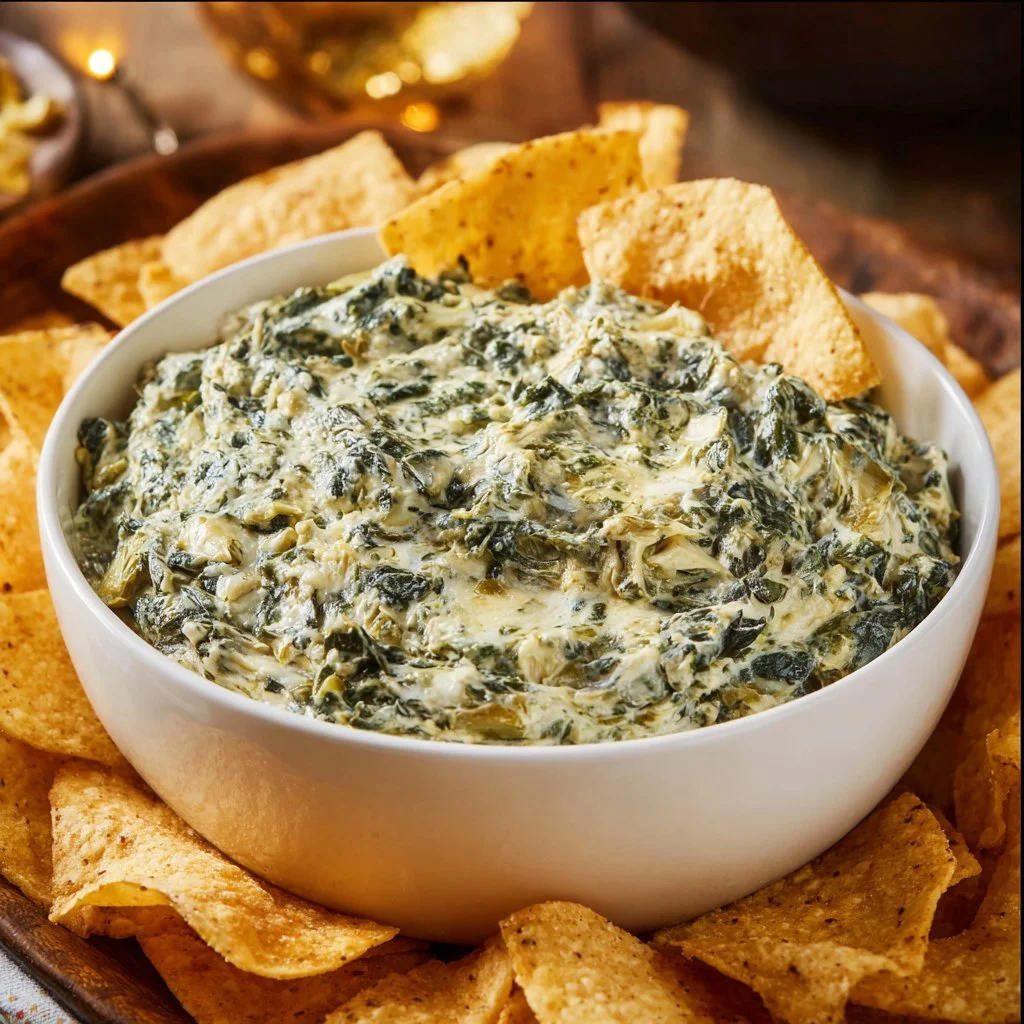 Creamy Slow Cooker Spinach Artichoke Dip served in a bowl with crackers.