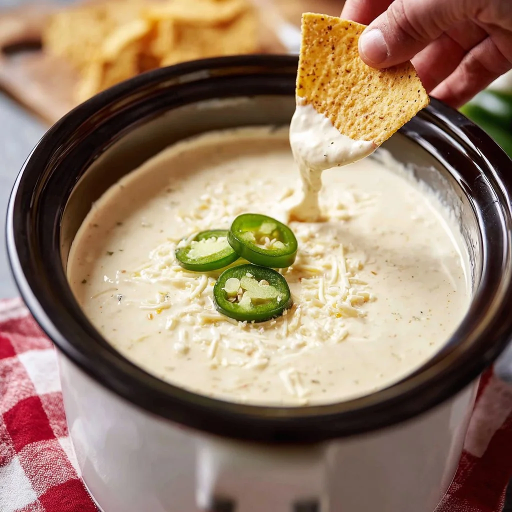 Slow Cooker White Queso Dip 3 Creamy slow cooker white queso dip served in a bowl with tortilla chips.