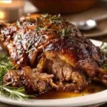 Slow roast leg of lamb garnished with herbs and served on a platter