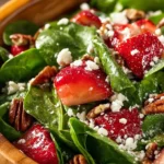 Fresh Spinach Strawberry Salad with nuts and dressing in a bowl