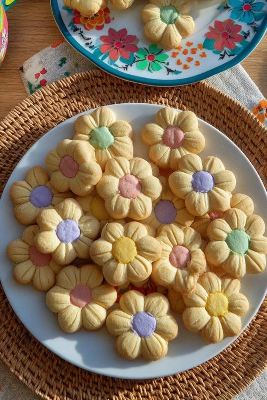 Spring Flower Shortbread Cookies 1 Beautifully decorated Spring Flower Shortbread Cookies on a platter.