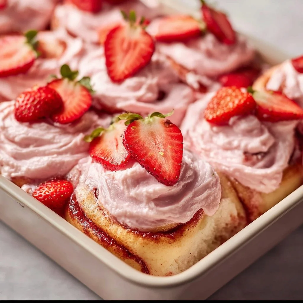 Freshly baked strawberry cinnamon rolls with glaze on a wooden table