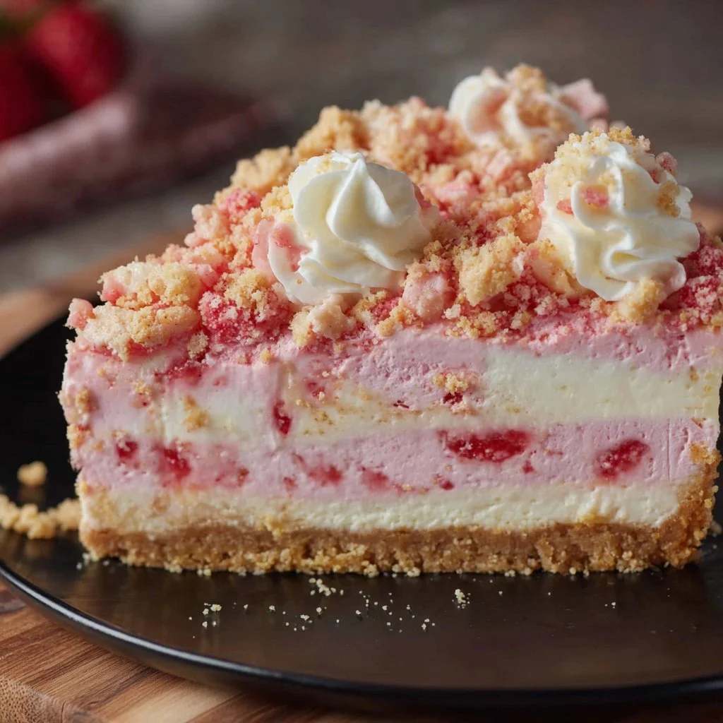 Delicious strawberry crunch cheesecake topped with strawberry glaze and crunchy crust.