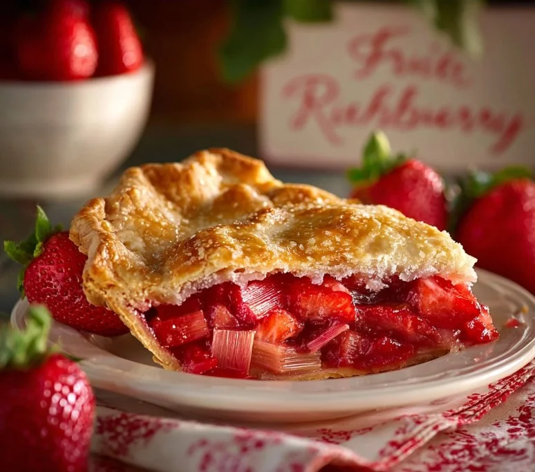 Delicious homemade Strawberry Rhubarb Pie with a flaky crust and fresh fruit filling