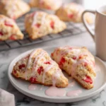 Freshly baked strawberry scones on a plate with strawberries